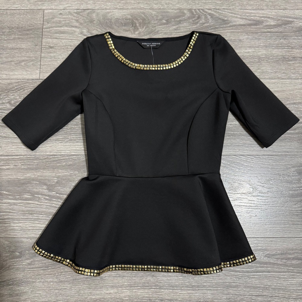 New Dorothy Perkins Black Peplum Top Gold‎ Studded Neckline Hem Women Size XS
